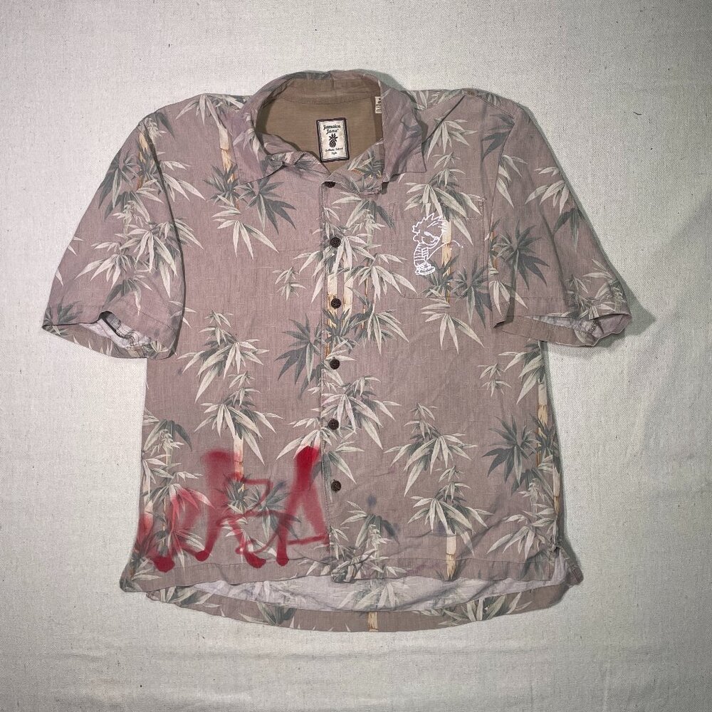 Medium brown button up with all over bamboo print and custom fabric paints